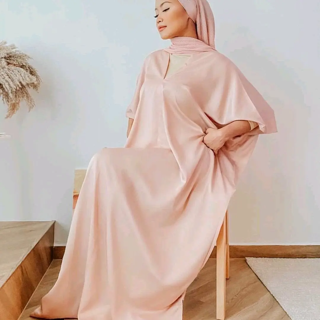 V Neck Matte Satin Silk Kaftan by Naezily/Sleepykaftan