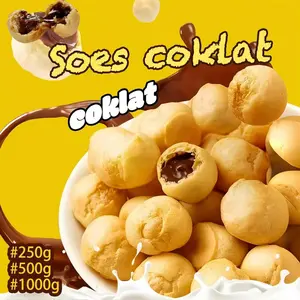 COD Halal Soes Coklat Cokelat/strawberry / mix rasa/halal Kue Sus Kering Isi soes coklat lumer 1 kg （Cemilan keluarga, cocok untuk dewasa dan anak-anak） Chocolate Food Makanan Snack Manis soes cokelat 1 kue soes coklat Toples Biskuit