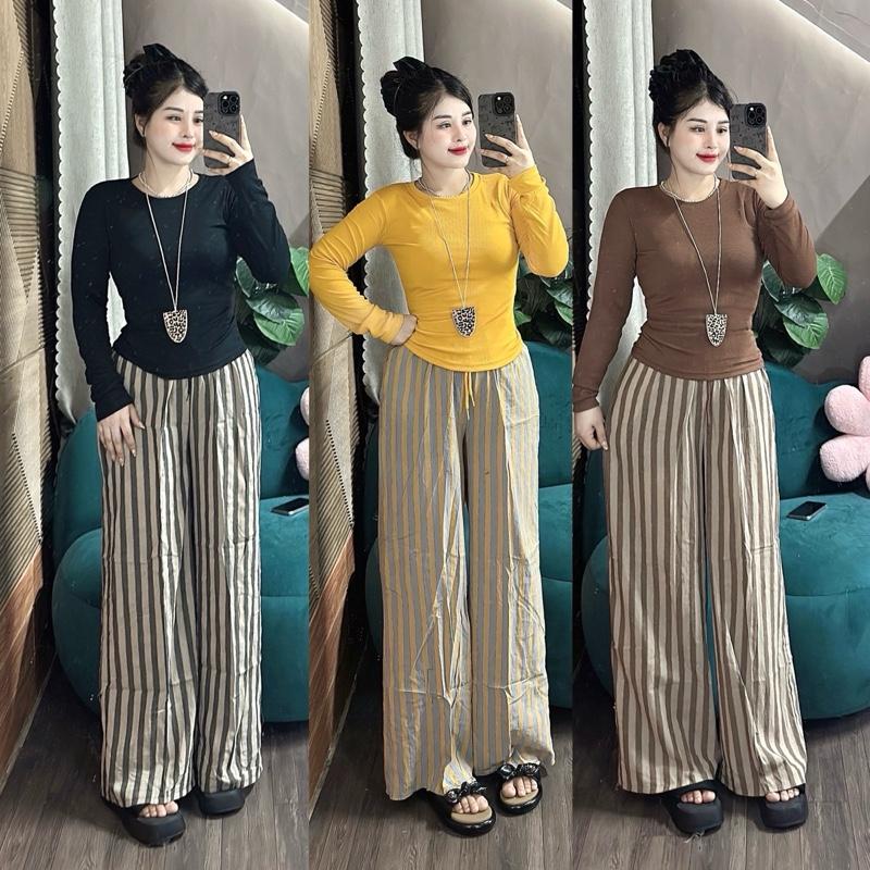(Chất mỏng nhẹ) Set áo thun tăm TD form ôm Vừa . Quần ĐŨI kẻ sọc dài 97cm lung chun có túi