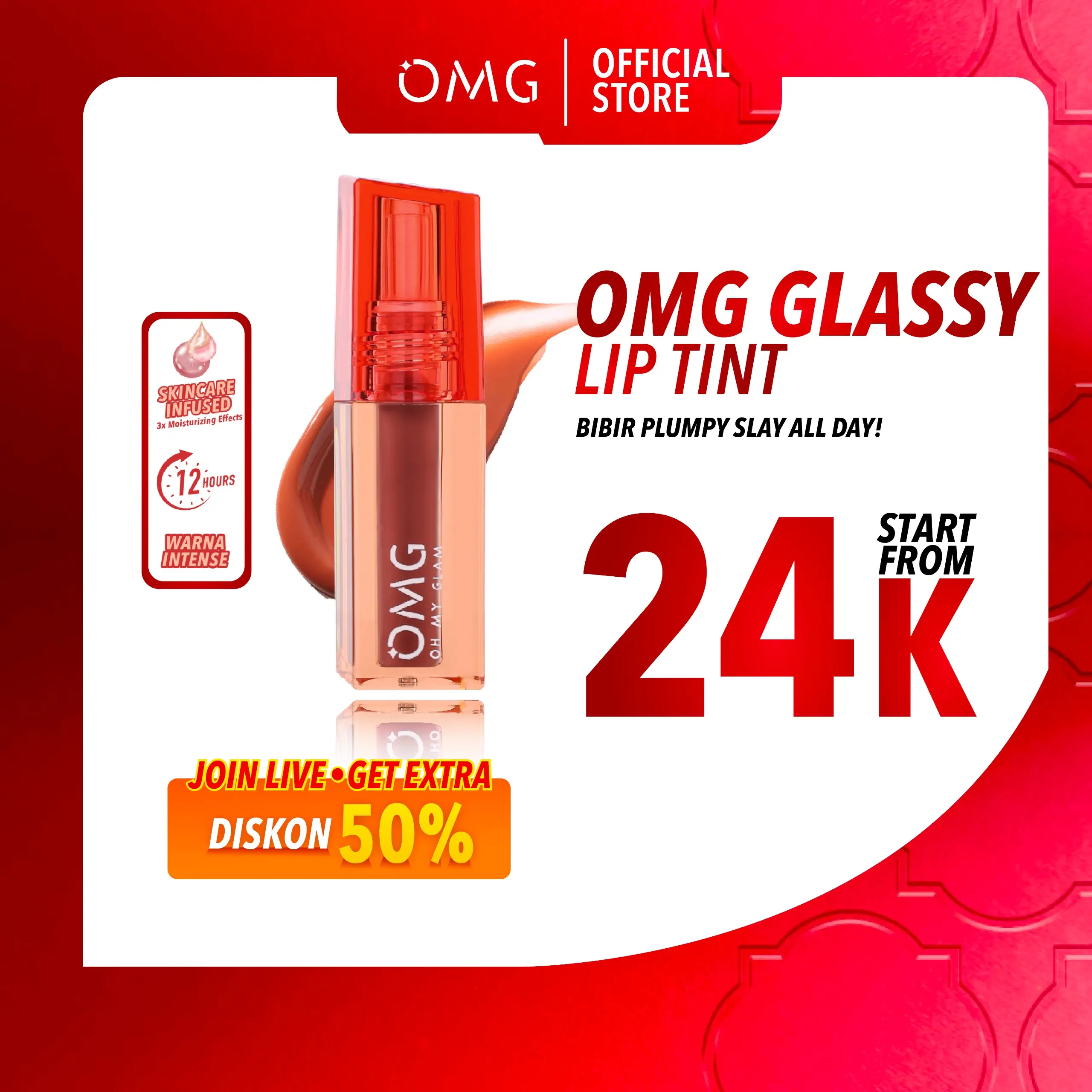 OMG OH MY GLAM Glassy Lip Tint 2g - Lip Tint Warna Intense Tahan 12 Jam, Skincare Infused