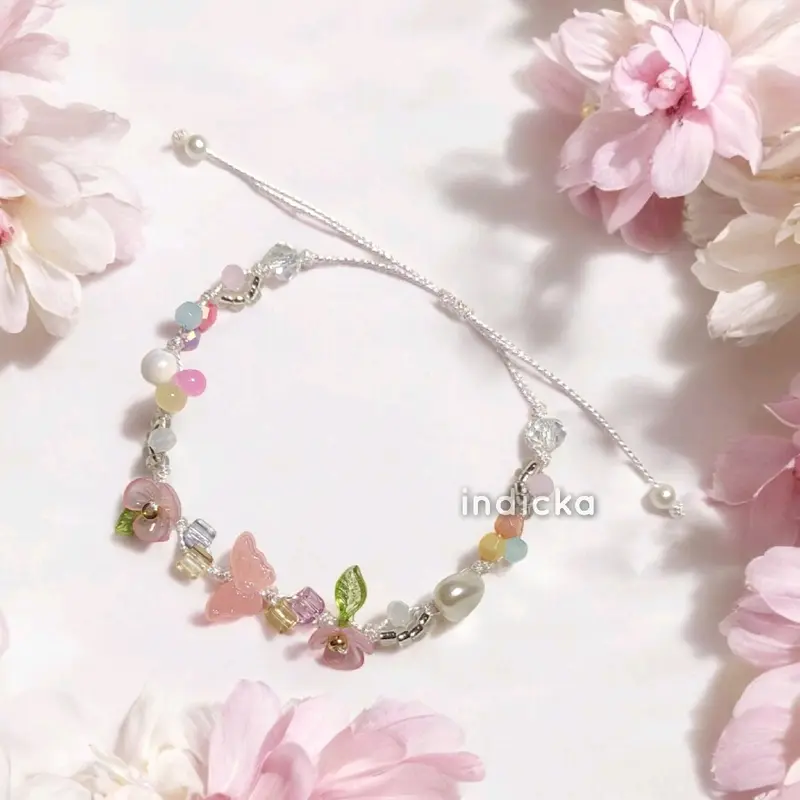 Gelang Manik Kupu "Butterfly Era" Tali Serut Beads Bracelet Bead Bracelets Shine String Aesthetic Cottagecore Flower Blooming Floral Fairy untuk Cewek Cewe Wanita Perempuan Anak Remaja Dewasa Couple Bestie Kado Pacar Gift Plastik Kristal Bunga Women 0