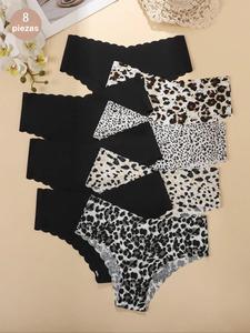 Conjunto de ropa interior de estampado de leopardo para mujer, diseño cómodo sin costuras con cintura en V, bragas triangulares ajustadas de color liso para todas las estaciones
