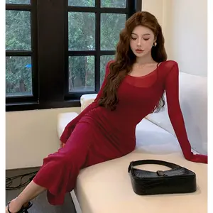 Ready stock ship at the same day Tersedia kain elastis jaring mengkilap French Hepburn style high-end feeling sexy dress spring dress  new slim fitting and slimming long dress evening dress