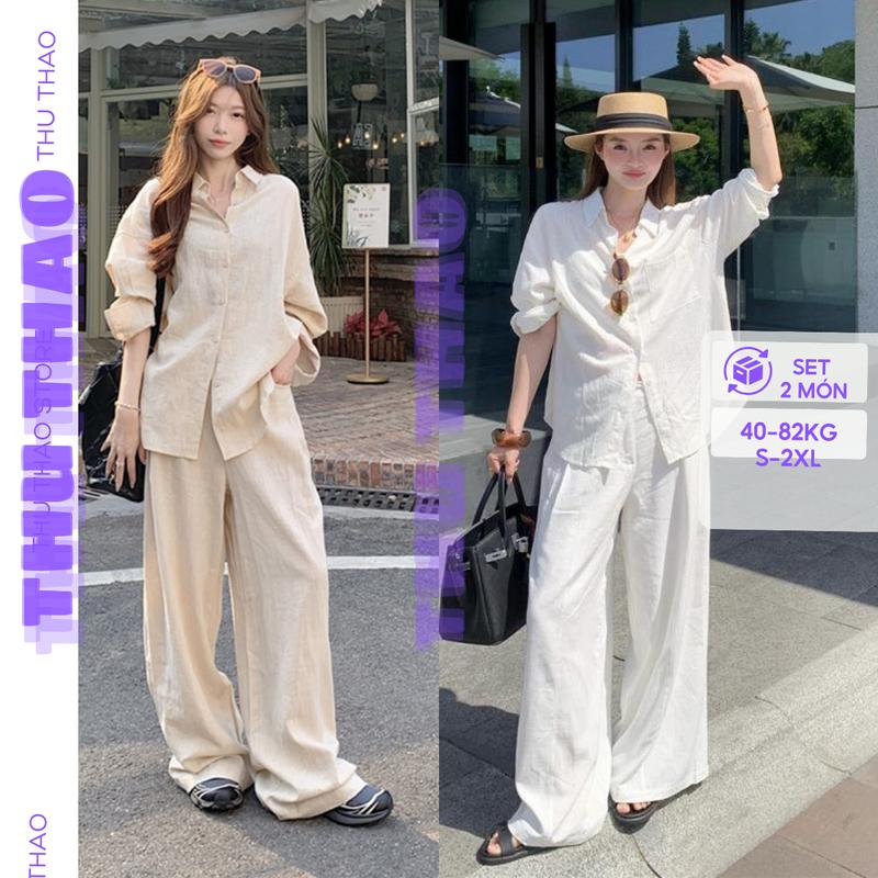 Set đồ nữ đẹp gồm Áo sơ mi nữ trắng, đen dài tay mix quần suông đũi vải đũi tơ Nhật mềm mát đủ -Set đồ đi biển. Top Jean