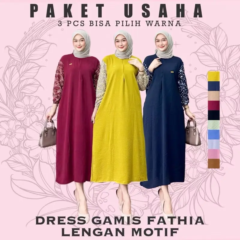 Paket Daster 3 Pcs  Gamis Crinkle Airflow Ld 120 Pb 130 Kombinasi Lengan Motif 0