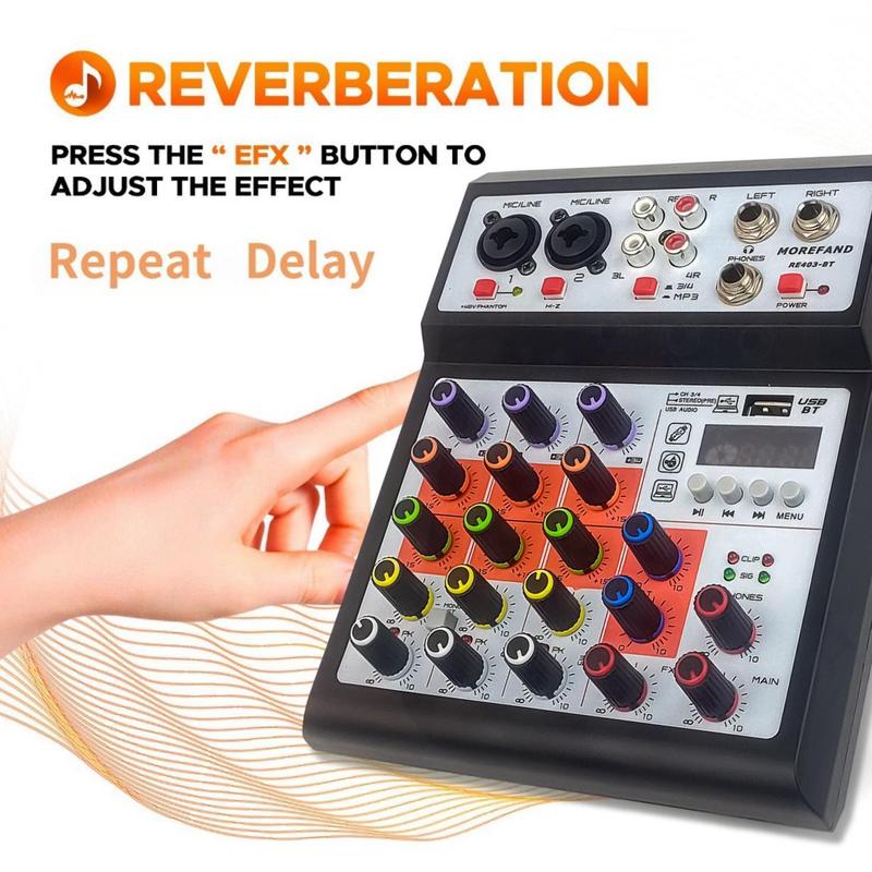 Product Introduction of KP4 Audio mixer professional 4 channel mixer, support Bluetooth USB MP3 playback Amplifier 1