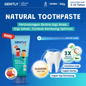 GENTLY Kids Natural Toothpaste 50gr - Pasta Gigi anak dengan Fluoride 1000ppm | Aman Tertelan | Rasa Leci | Efektif Membantu Cegah Gigi bBerlubang sejak Gigi Pertamanya