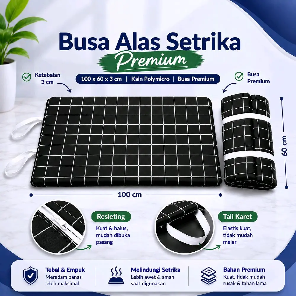 Alas Setrika Premium 100x60x3 cm Busa Premium Resleting Tali Karet Tebal Empuk Melindungi Setrika Foam