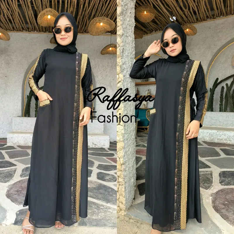 GAMIS ABAYA TURKEY CERRUTY KELILING BORDIR DEPAN BELAKANG SEAN GOLD DAN FULL HITAM 3