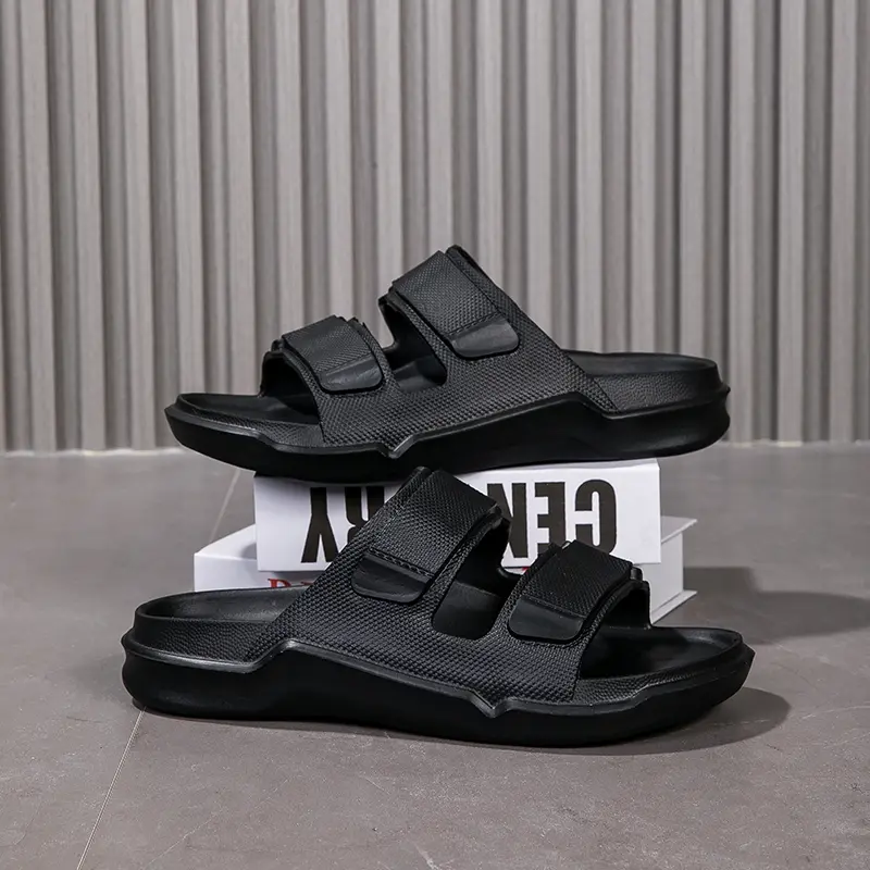 Selop Rumah Hitam Pria irsoe Kekinian Cowok Slide Sandal Sendal Flat Tinggi Platform 2024 New Style - Sepatu Ukuran 40/41-45/46 Anti Air Shoes sandal pria dewasa 2024 sandal selop pria