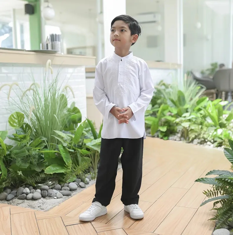 Setelan Koko Baju Putih Celana hitam Lengan Panjang Anak Laki-Laki Katun Micro  Turki Muslim 1