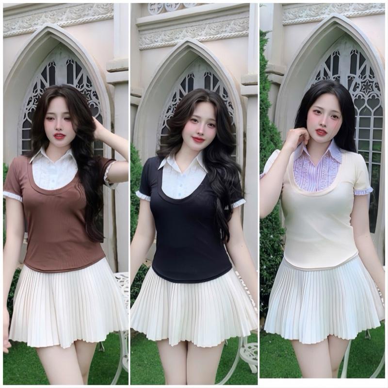 Áo thun pha sơ mi phối bèo bigsize 45-75kg (589) chất liệu thun tăm kiểu phối bèo cổ và tay áo tiểu thư xinh xắn