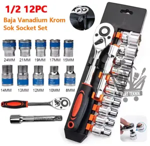 Kunci Shock Set 1/2 inch 12 Pcs 8-24MM Sepeda Motor Mobil Socket Wrench SET 1/2 Rachet Handle Multifungsi