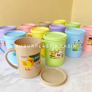 [6 pcs] Mug Tutup Plastik Keisya Cangkir Minum Viola Warna Tebal Tahan Panas Gelas Gagang Anak Kitchenware