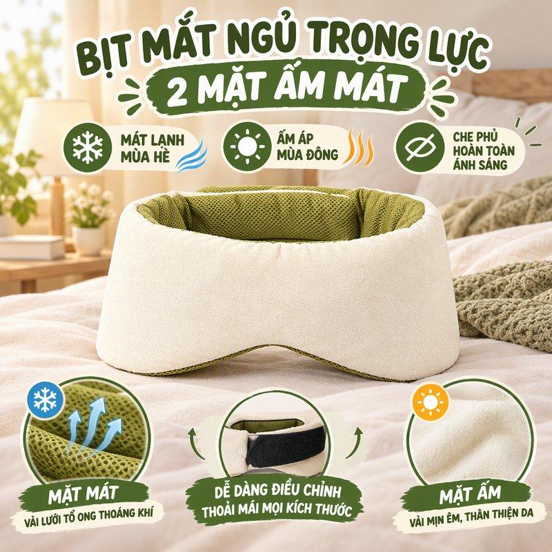 Bịt Mắt Ngủ Trọng Lực 3D 2 Mặt Ấm Mát Chất Liệu Lụa Lạnh Bông Chặn Sáng Toàn Bộ Thoáng Khí Dây Điều Chỉnh Phù Hợp Nghỉ Trưa Học Sinh Nhân Văn Phòng Gấp Gọn Nhẹ Dễ Mang Theo Kích Thước 72×10×2 Cm
