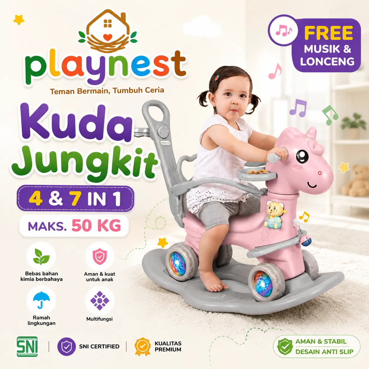 Playnest Kuda Dorong Kuda Jungkat-Jungkit Anak Mainan Kuda Kudaan Premium SNI
