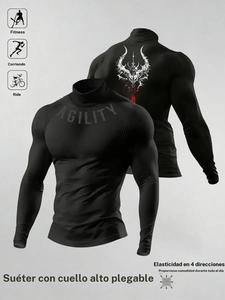 Camiseta deportiva casual transpirable ajustada de manga larga para hombre, top de compresión con cuello de tortuga, camiseta de manga larga para fitness