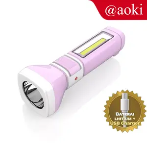 AOKI Senter tangan LED 15W+COB Baterai lhitium tahan lama warna ungu biru Lampu senter