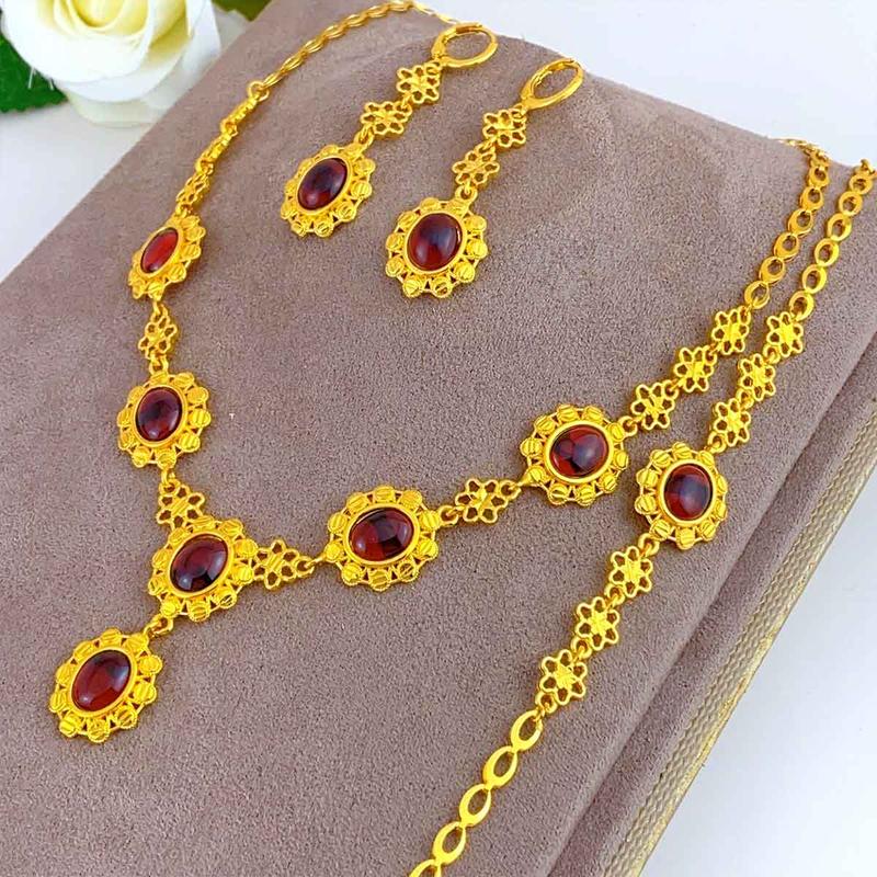 Product Introduction of Dubai Bridal 18k Gold Plated Jewelry Set Fashion Ruby Resin Wedding Necklace Bracelet And Earrings Jewelry Set For Women 12