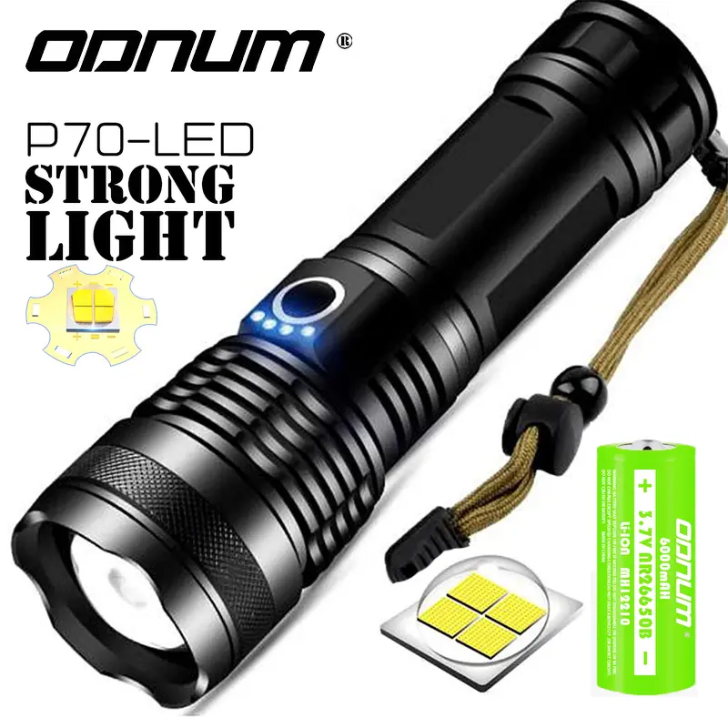 ODNUM senter cahaya luar yang kuat Sumbu LED P70 quad core Powerful Outdoor Flashlight With 26650 Lithium Battery And 1500m Irradiation IPX6 tahan air Baterai 0