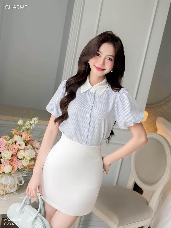  Áo sơ mi cộc tay cổ Đức dáng suông tôn dáng Charme Store sơ mi nữ công sở hàng thiết kế 308045 