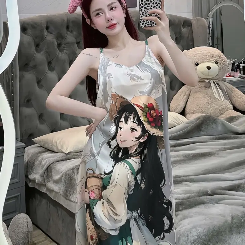 Váy 2 dây đầm ngủ mặc nhà dễ thương chất lụa xước phom 45-65 kg Nữ Dress Váy Ngủ Women