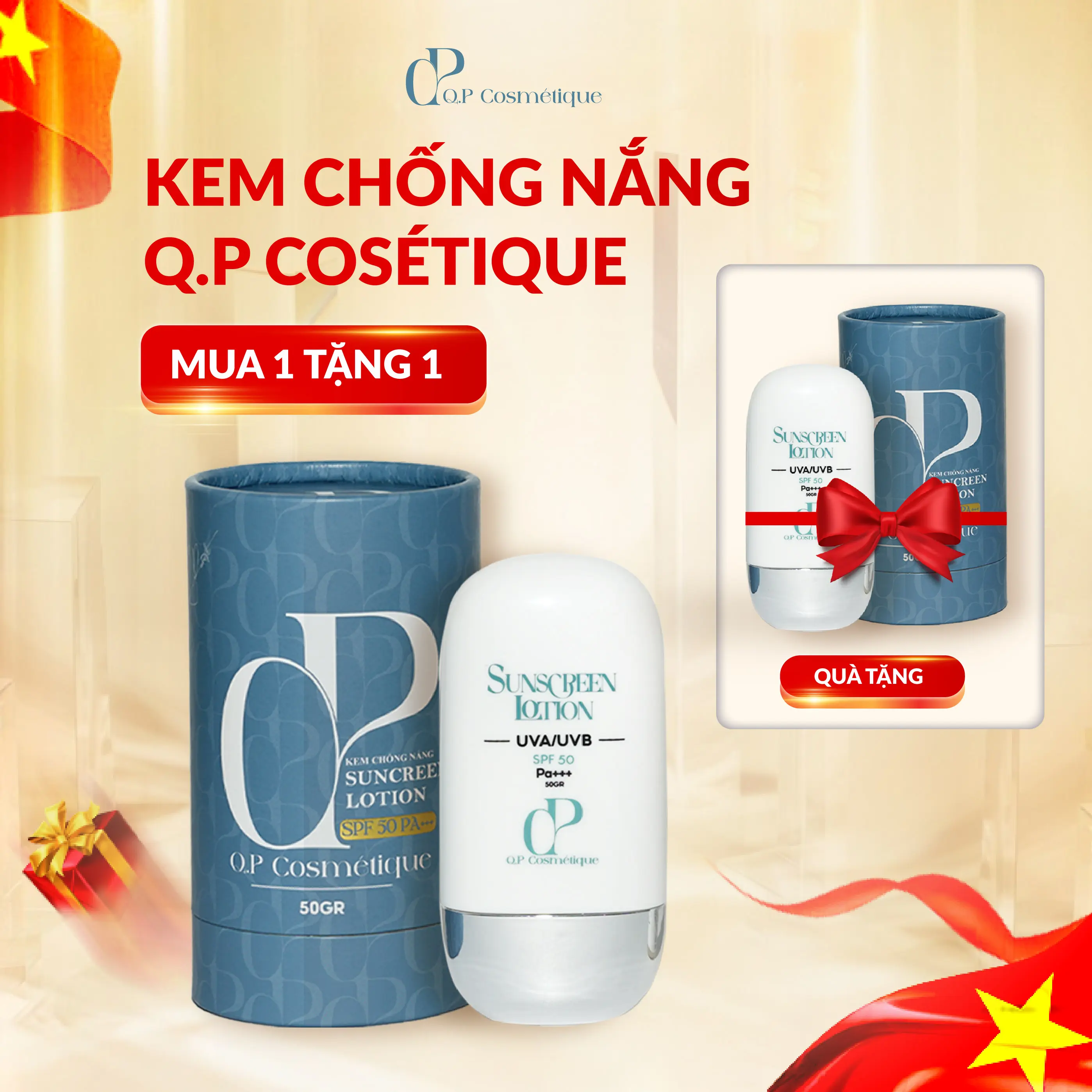 [CHỈ CÓ TRÊN LIVE] Kem Chống Nắng Nâng Tone Q.P Cosmétique Sunscreen Lotion SPF 50 PA+++ Dành Cho Mọi Loại Da 50g
