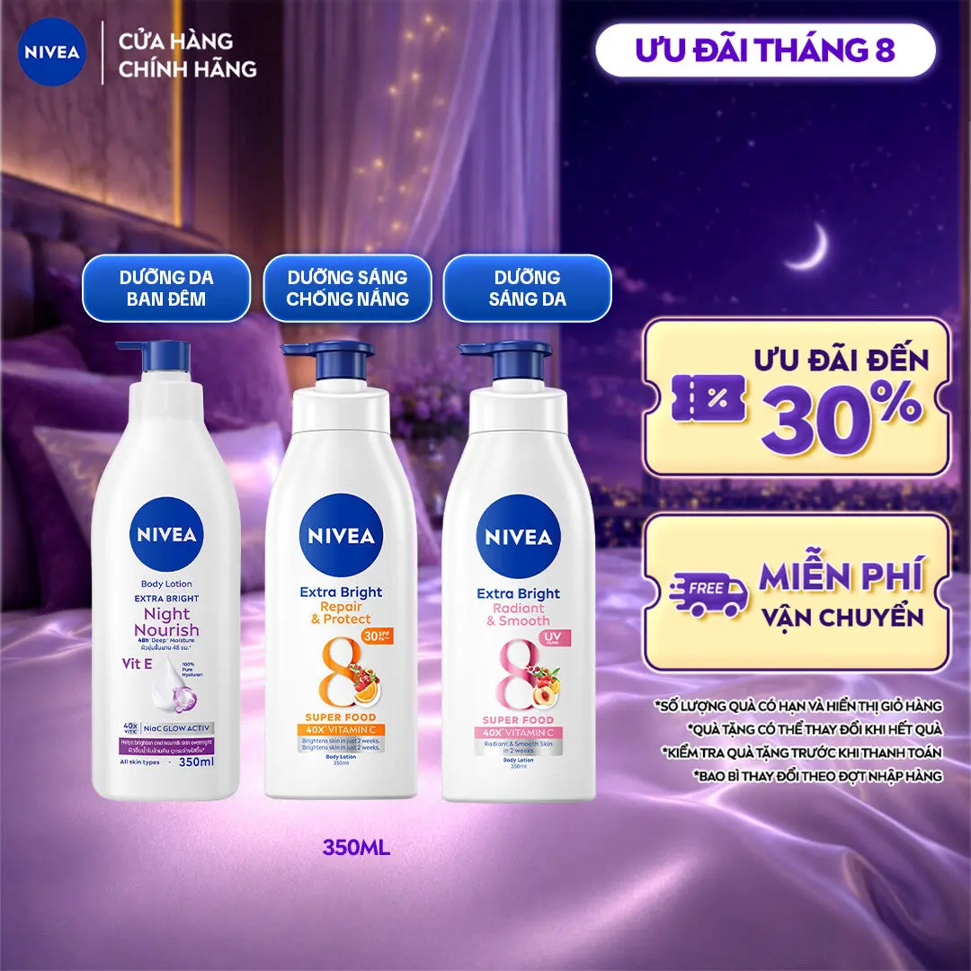 Sữa Dưỡng Thể NIVEA Extra Bright Dưỡng Sáng Mịn Da/Chống Nắng Ban Ngày/Sáng Da Ban Đêm (350ml) - 88311/98413/98412
