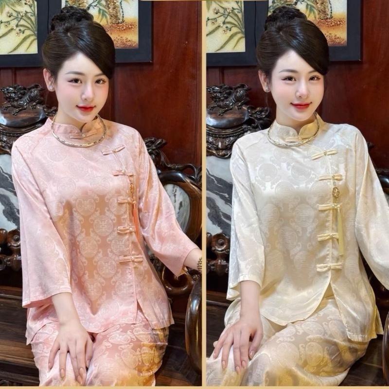  Pháp phục đi chùa Quỳnh Anh QA112- Lụa gấm chữ thọ chi tiêt tinh tế 