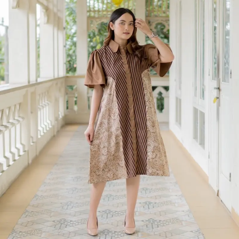 MEYDEND - Candramaya Dress Pendek Formal Batik Wanita Katun Cap Kombinasi Lurik Busui Friendly