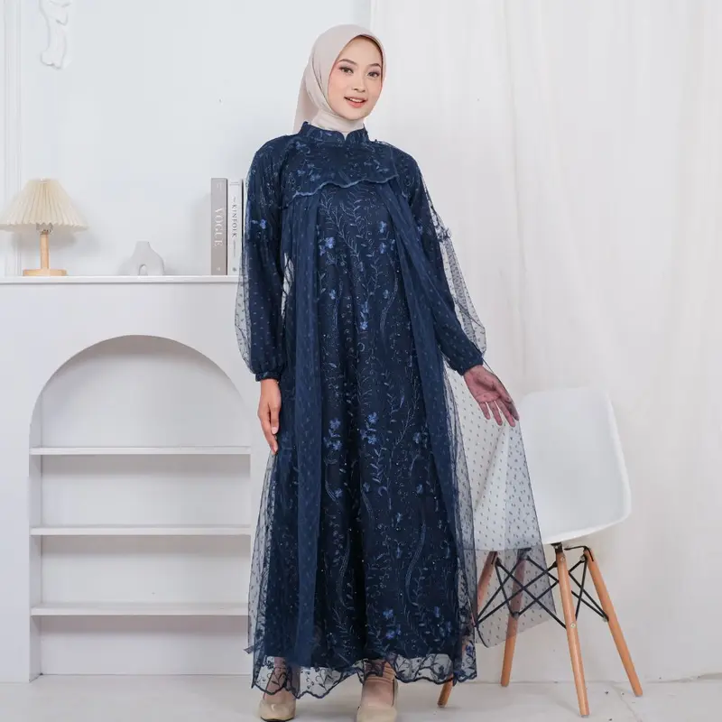 RAISHA Nusaibah Full Tile Brokat Bordir Dress / Gamis / Gaun Pesta Wanita Muslim Dewasa Motif Bunga Untuk  Lebaran, Wisuda, Kondangan Simple Tebal dan Mewah 5