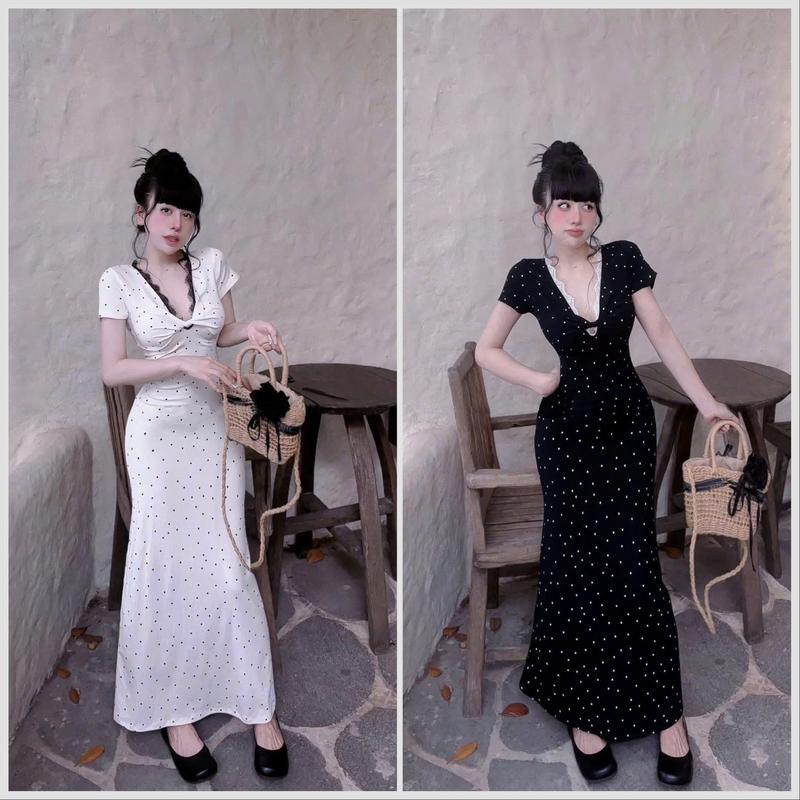 SM - Đầm ôm body tay ngắn cổ v xoắn v1 viền ren dáng đuôi cá dài hoạ tiết chấm bi tôn dáng - Thun gân lạnh H644 Váy boby , váy body nữ tôn dáng , váy xinh , váy đi tiệc , váy đi biển