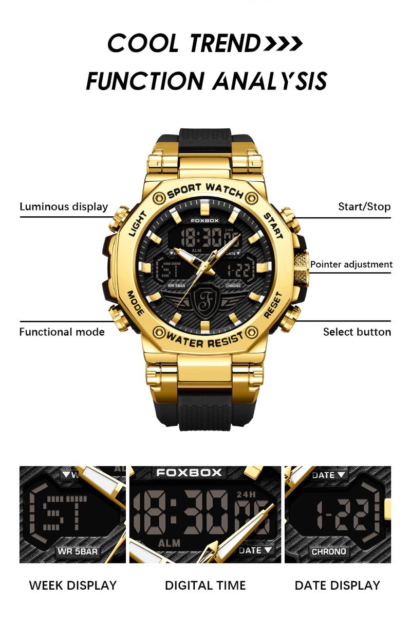 Product Introduction of Foxbox digital watch for men fashion waterproof luminous alarm stopwatch dual display wrist watch+box 15