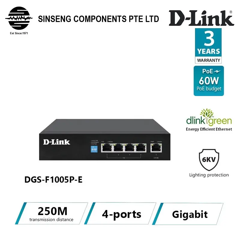 D-Link Gigabit 250M 5-Port 1000Mbps 4 Port PoE Switch with 1 Uplink Port [Order Model:DGS-F1005P-E]