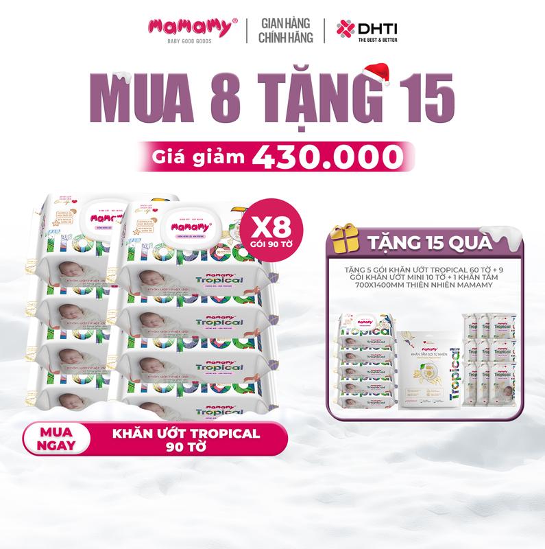 TGMBS MUA 8 TẶNG 15 MUA 8 gói khăn ướt Mamamy Tropical 90 tờ TẶNG 5 gói khăn ướt Mamamy Tropical 60 tờ không hương thơm + 9 gói khăn ướt mini 10 tờ không hương thơm + 1 khăn tắm Tropical 700x1400mm