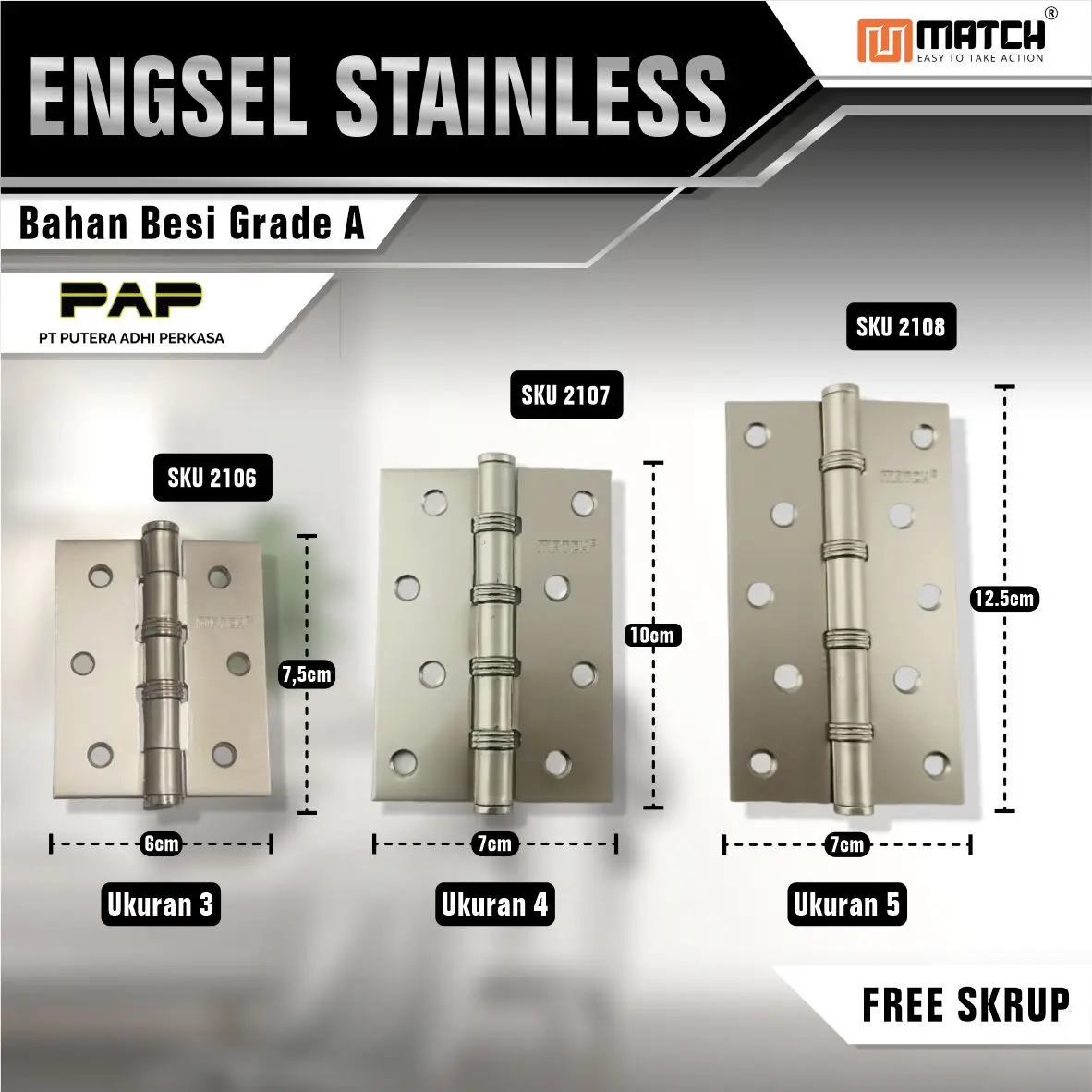 MATCH Engsel Besi 3 / 4 / 5 INCH Engsel Besi Pintu Jendela Match/Engsel Rumah Besi Murah Gratis Skrup