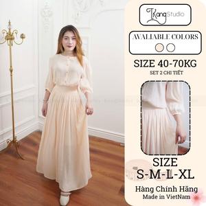 KangStudio - [K002] Set Váy Lụa Tay Lỡ Cổ Tròn Chân Váy Dài, Dáng Váy Vintage - Phù Hợp Mọi Dịp