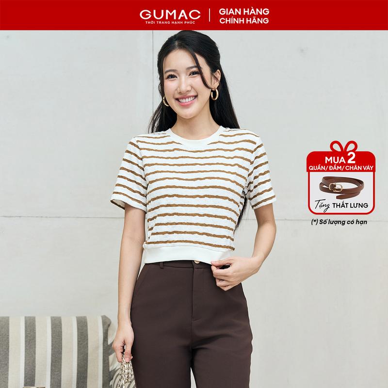  Áo thun nữ form ôm slim phối sọc thun dệt mềm mát co giãn thoải mái thời trang GUMAC LATF0514 