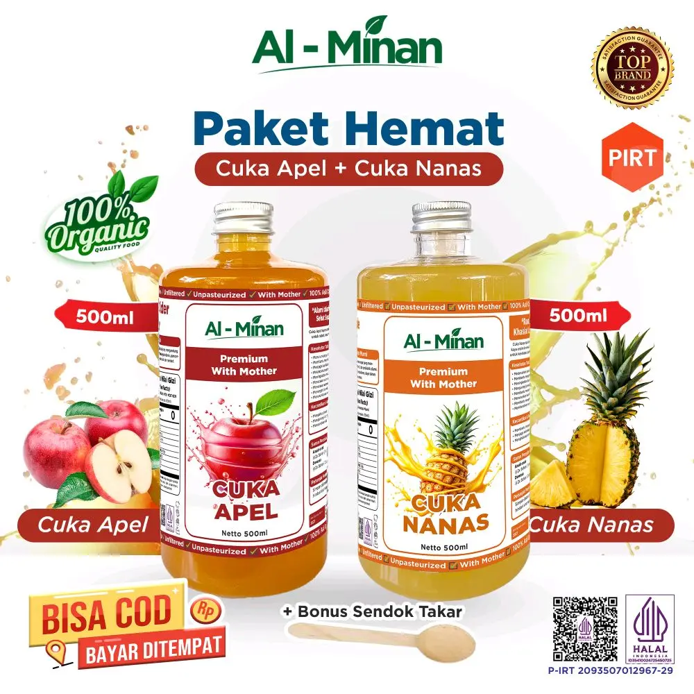 paket 2 in 1 -cuka apel 500 ml - cuka apel premium - cuka apel organik batu Malang - aple cider vinegar dan  cuka nanas premium - cuka nanas original - pineapple vinegar - al minan