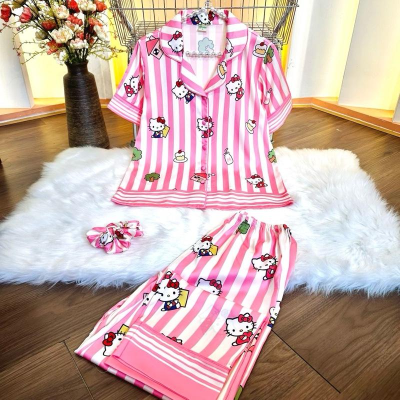 LATIN SPK (K107) (45-85kg) - Pijama latin lụa mịn thiết kế hoạ sọc phối nền hồng đậm sang trọng, có tay ngắn tay dài,Nữ Women Quần Ngủ