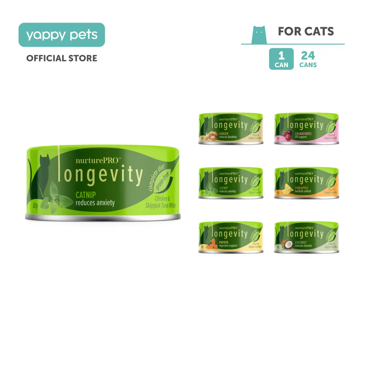NurturePRO Longevity Chicken & Skipjack Tuna Wet Cat Food 80g | Complete Diet, Meal Topper, Meow, Grain Free Catnip Coconut Cranberries Ginger Papaya Pineapple