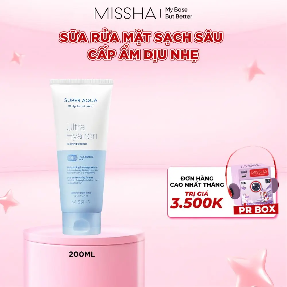 Sữa Rửa Mặt Missha Super Aqua Ultra Hyalron Foaming Cleanser 200ml Làm Sạch Sâu, Dưỡng Ẩm, Lành Tính Cho Da [FS]