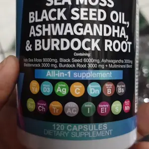WXW Sea Moss, Minyak Jintan Hitam, Ashwagandha & Kapsul Akar Burdock – Suplemen Makanan Vitamin & Mineral All-in-One – Meningkatkan Energi dan Performa, Memperbaiki Tidur, Menurunkan Kadar Kortisol – 120 Kapsul dengan Sertifikasi FDA & GMP