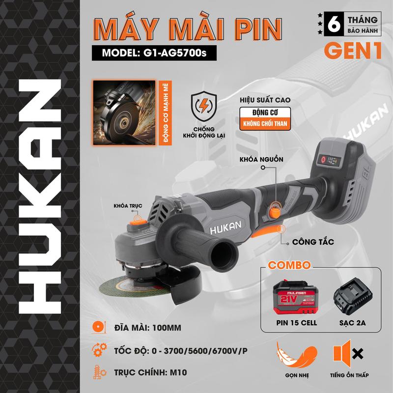 (DEAL SỐC) COMBO Máy Mài Pin G1-AG5700S Hukan Vòng Tua 6700V/p Chân Pin Phổ Thông M10 Đường Kính Cắt 100mm Động Cơ Không Chổi Than Gen1 kèm pin sạc