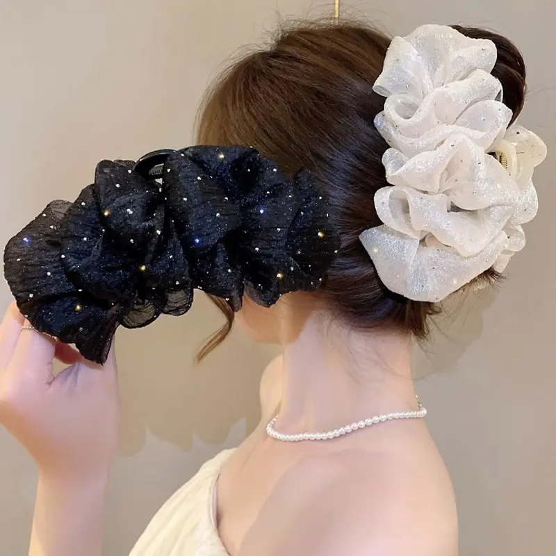 New double-sided large bow clip, sparkling rhinestone women's mesh, shark clip, hair clip at the back of the head, headwear for women
