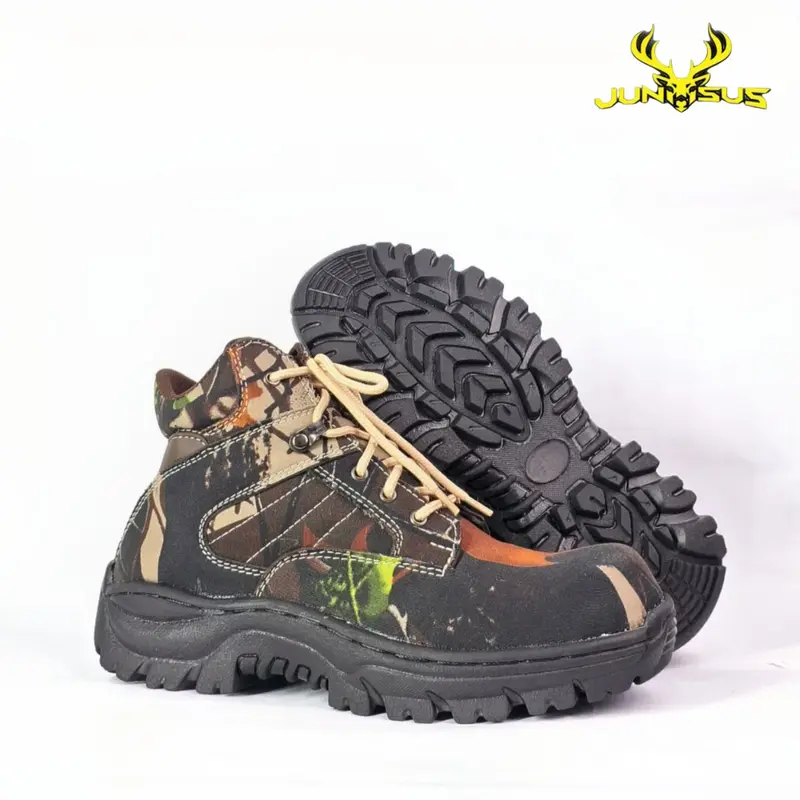 JUNSUS Sepatu Safety Pria Boots Camo Ujung Besi Untuk Ridding Hunting Kegiatan Outdoor Sol Rubber Anti Slip Tinggi 6inch 0
