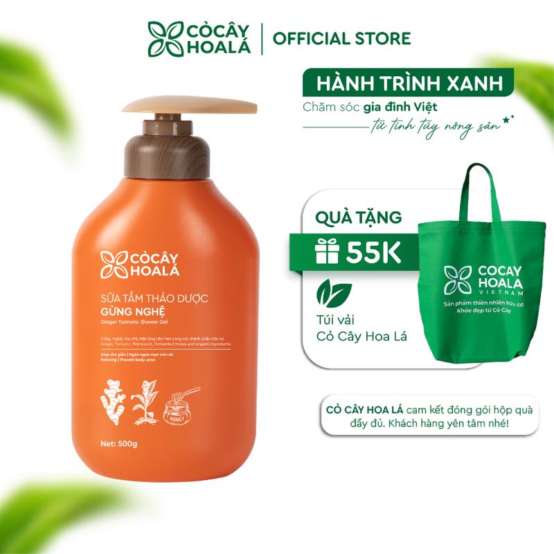 Sữa Tắm Thảo Dược Cỏ Cây Hoa Lá Gừng Nghệ Hỗ Trợ Dưỡng Sáng 500g - Hỗ trợ loại bỏ bụi bẩn, bã nhờn - Hỗ trợ cải thiện mụn trên da - Tặng dung dịch vệ sinh X2 nano nghệ 20ml