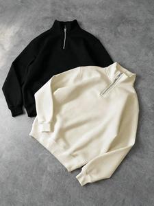 Sudadera de hombre con cuello de soporte y media cremallera, estilo americano vintage de punto pesado, suéter casual de corte holgado para otoño e invierno