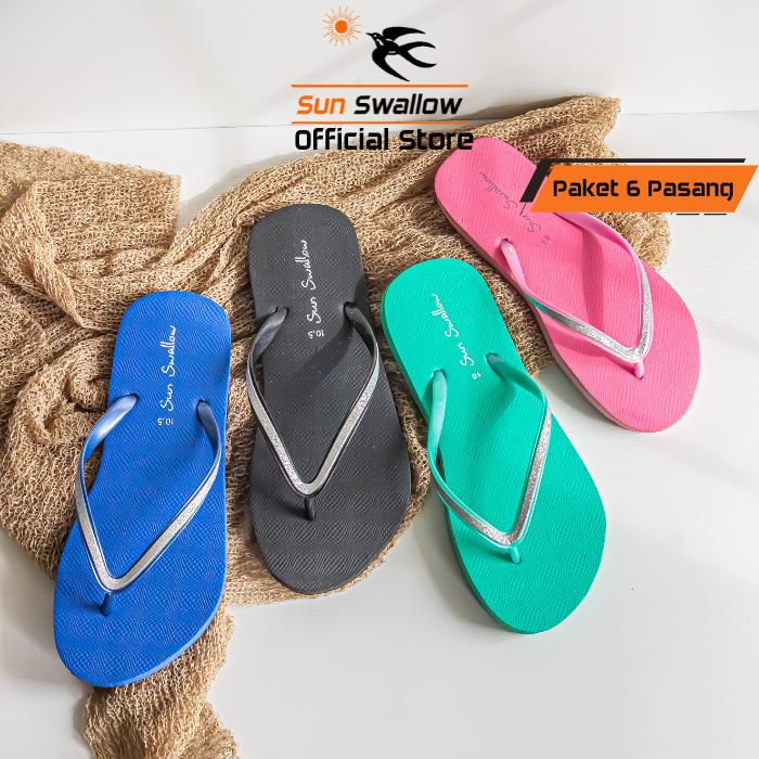 Gambar Paket 6 Pasang Sandal Jepit Karet Wanita Sendal Sun Swallow Crystal Tali Glitter dari Sun Swallow Sandals Kota Administrasi Jakarta Utara Tokopedia