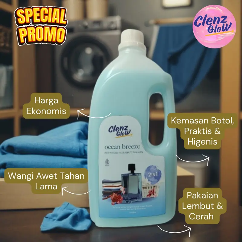 Pewangi Pakaian Botol 1 Liter Murah Wangi Tahan Lama Clenz Glow dan Gratis Deterjen Cair 2